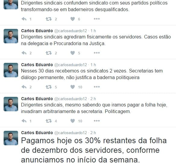 Carlos Eduardo confirma conclusão de pagamento da Folha de dezembro, e critica "baderneiros desqualificados"