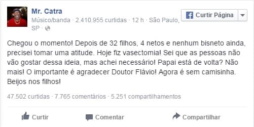 Após 32 filhos, Mr. Catra faz vasectomia: "Precisei tomar uma atitude"