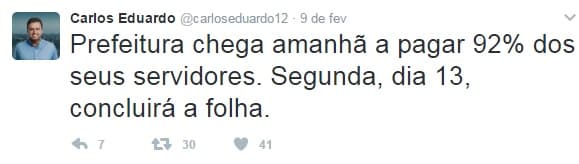 Carlos Eduardo anuncia que Prefeitura de Natal termina de pagar mês de janeiro aos servidores na segunda