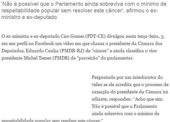 VÍDEO: Ciro Gomes chama Eduardo Cunha de câncer