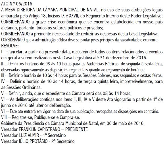 Alegando ‘grave crise econômica' no país, Câmara de Natal altera funcionamento