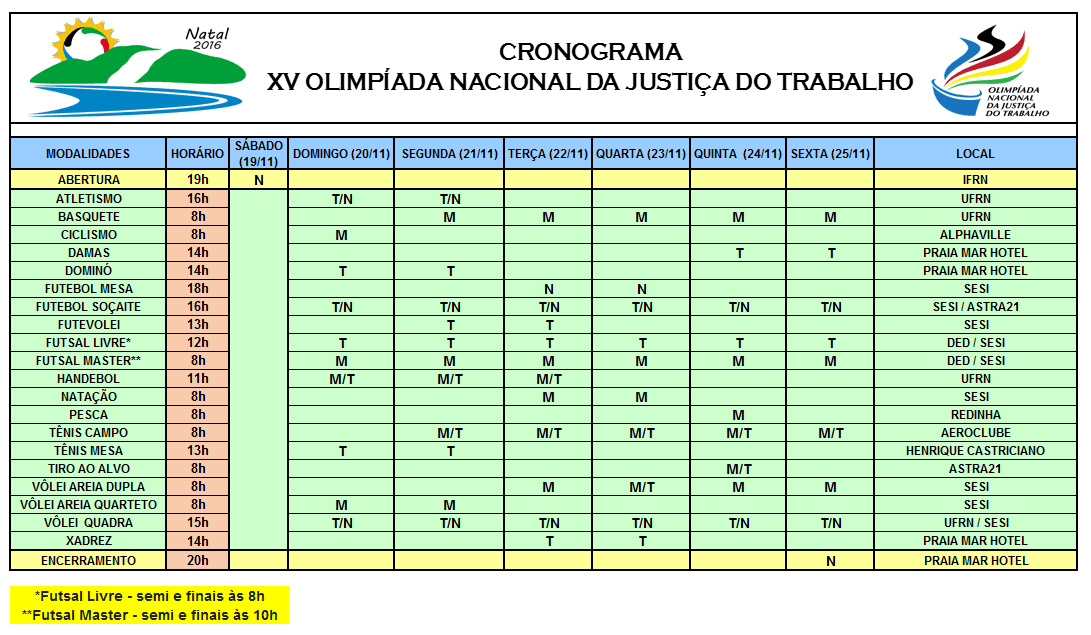 Natal sediará Olimpíada Nacional da Justiça do Trabalho; veja cronograma dos jogos
