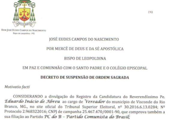Igreja interdita padre comunista candidato em MG e ameaça expulsá-lo