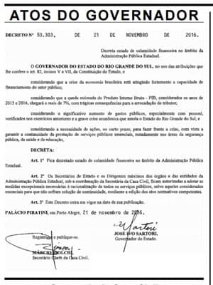 Governo do RS decreta calamidade financeira na administração pública