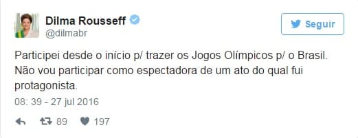 Olimpíadas do Rio: ‘Não serei espectadora de um ato do qual fui protagonista', diz Dilma