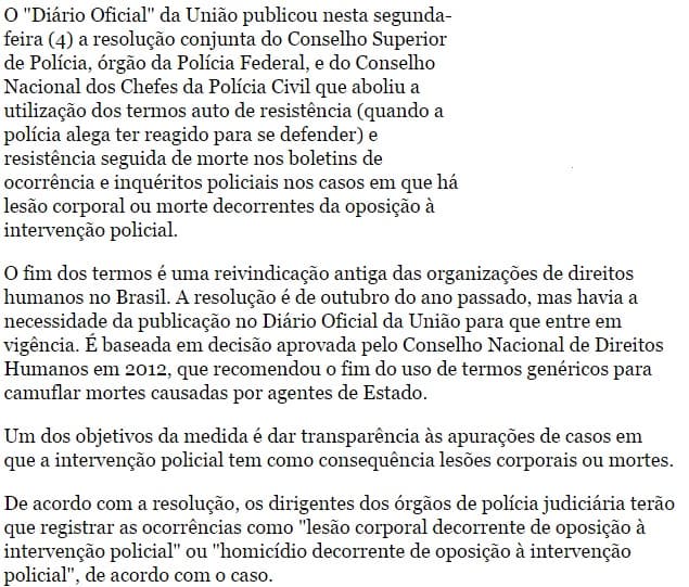 Resolução põe fim ao termo ‘autos de resistência' em boletim de ocorrência