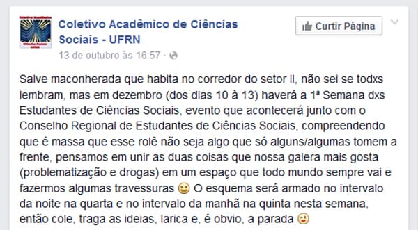 SALVE MACONHEIRADA: Estudantes marcam evento para unir "problematização e drogas"