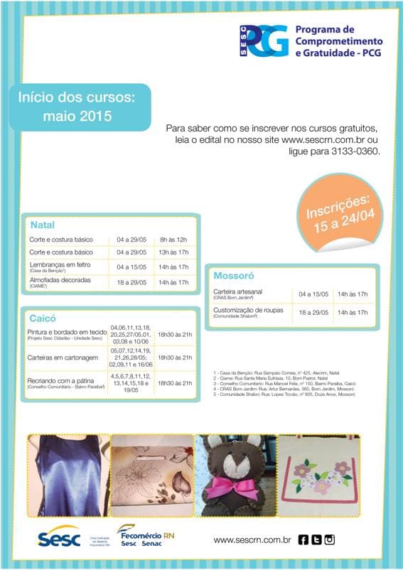 Sesc RN oferece 135 vagas para cursos gratuitos em Natal, Mossoró e Caicó