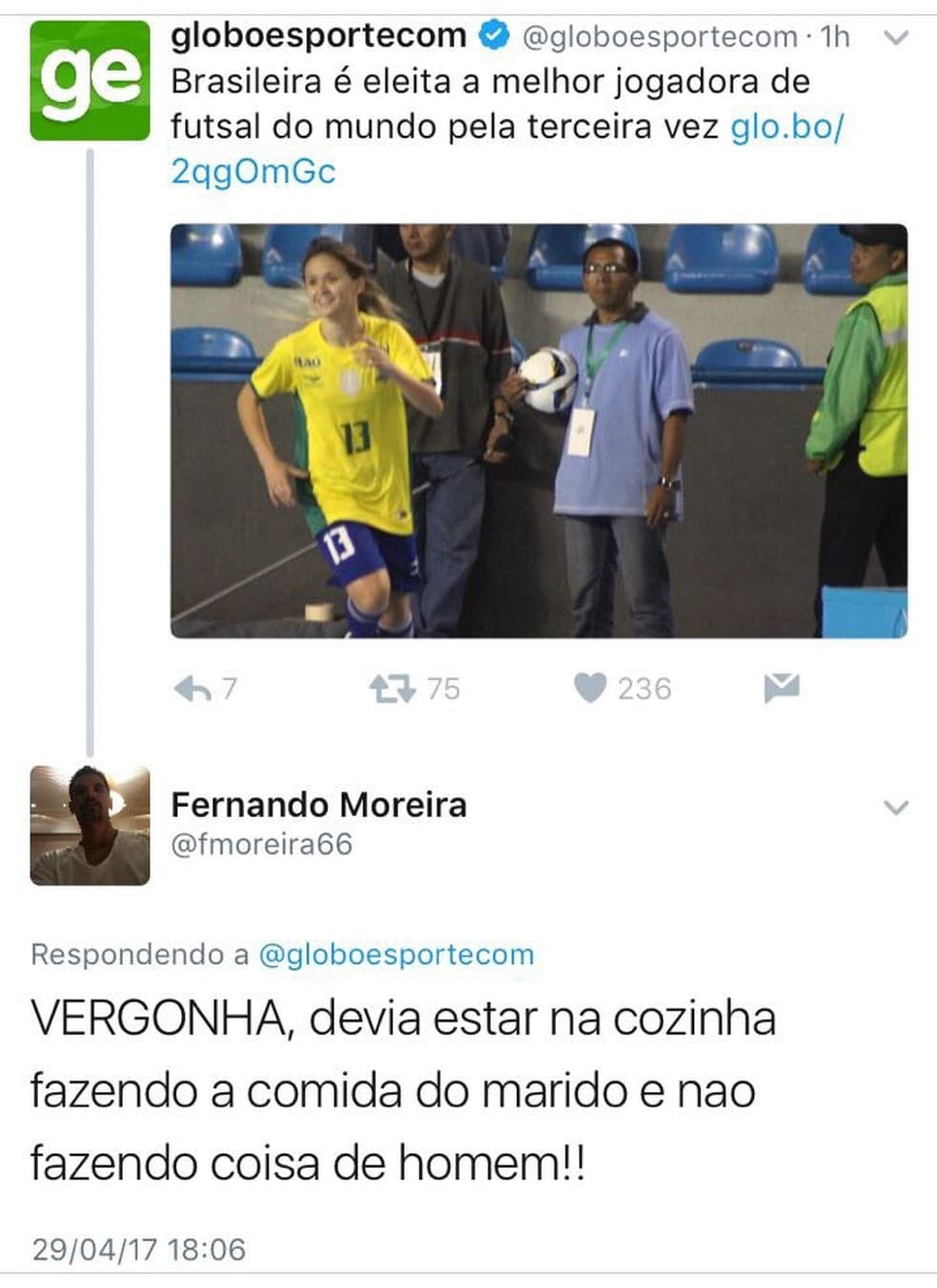Melhor do mundo no futsal recebe insulto machista na web e rebate internauta