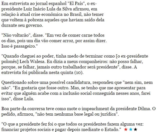 Pobres terão que comer arroz sem carne durante crise, diz Lula