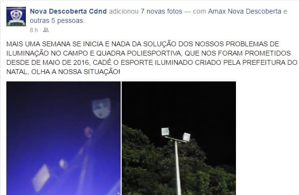Centro Desportivo de Nova Descoberta sofre há meses com refletores apagados e fiação exposta, sob sério risco, e pede socorro para conserto e manutenção