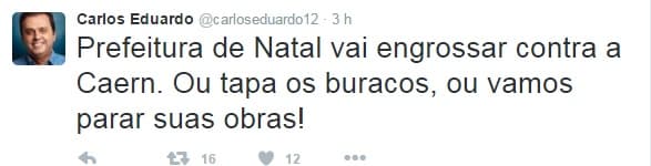 "Ou tapa os buracos, ou vamos parar suas obras", diz prefeito Carlos Eduardo, sobre Caern