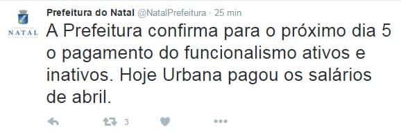 Prefeitura do Natal confirma para o próximo dia 5 pagamento do funcionalismo ativos e inativos