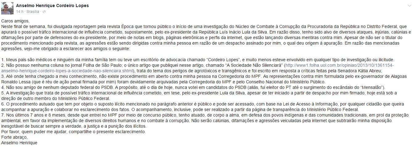 Procurador desabafa em rede social e diz que está sofrendo ataques de defensores de Lula após reportagem da Época