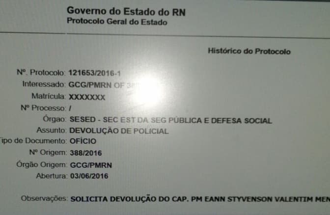 Comando Geral da Polícia Militar solicita volta do capitão Styvenson Valentim ao batalhão da PM