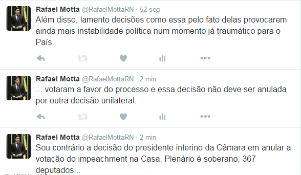 Rafael Motta é contra medida de interino na Câmara, e diz que decisões do tipo provocam ainda mais instabilidade política
