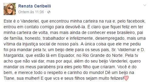 Em post de gratidão e destacando "injustiça social no Brasil", jornalista Renata Ceribelli agradece potiguar que encontrou e devolveu sua carteira