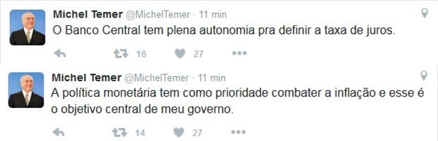 Banco Central tem ‘plena autonomia' para definir taxa de juros, diz Temer, que vê redução ‘com bons olhos'