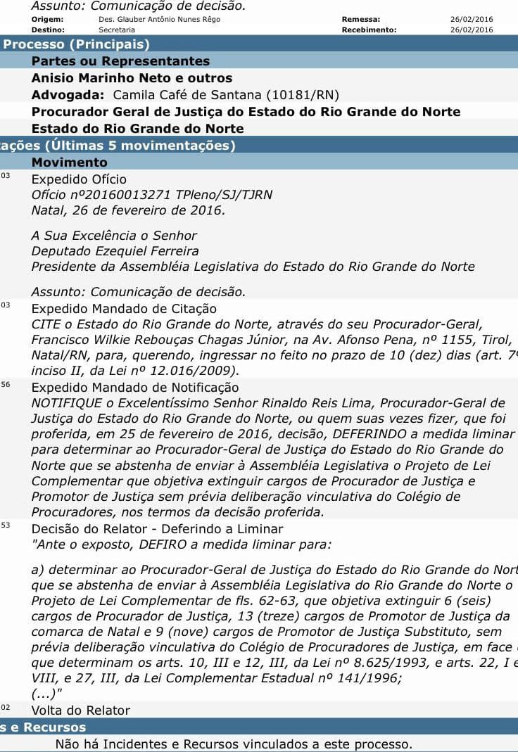 Justiça defere liminar para impedir PGJ de enviar o projeto de extinção de cargos para a ALRN