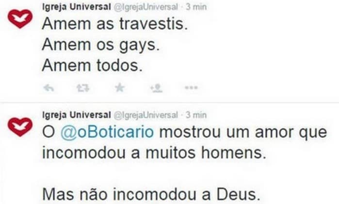 FOTO: Twitter da Igreja Universal é invadido e publica mensagens de apoio aos LGBTs