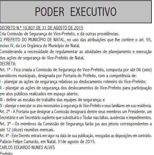 ESTÁ NO DOM: Prefeitura de Natal cria comissão para segurança de vice-prefeito e familiares