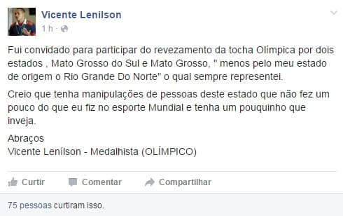 Potiguar Vicente Lenilson desabafa: "Fui convidado para participar do revezamento da tocha Olímpica em dois estados, menos pelo meu"