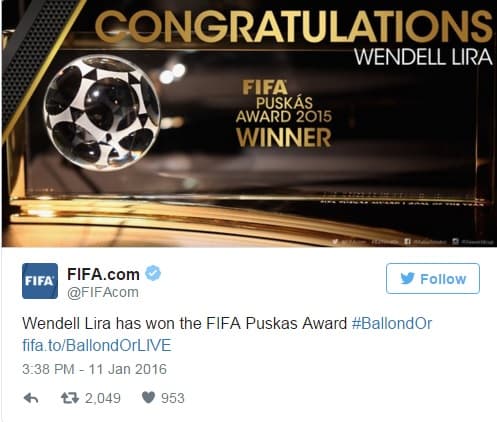 "MITOU": Wendell Lira bate Messi e conquista o prêmio Puskas da Fifa