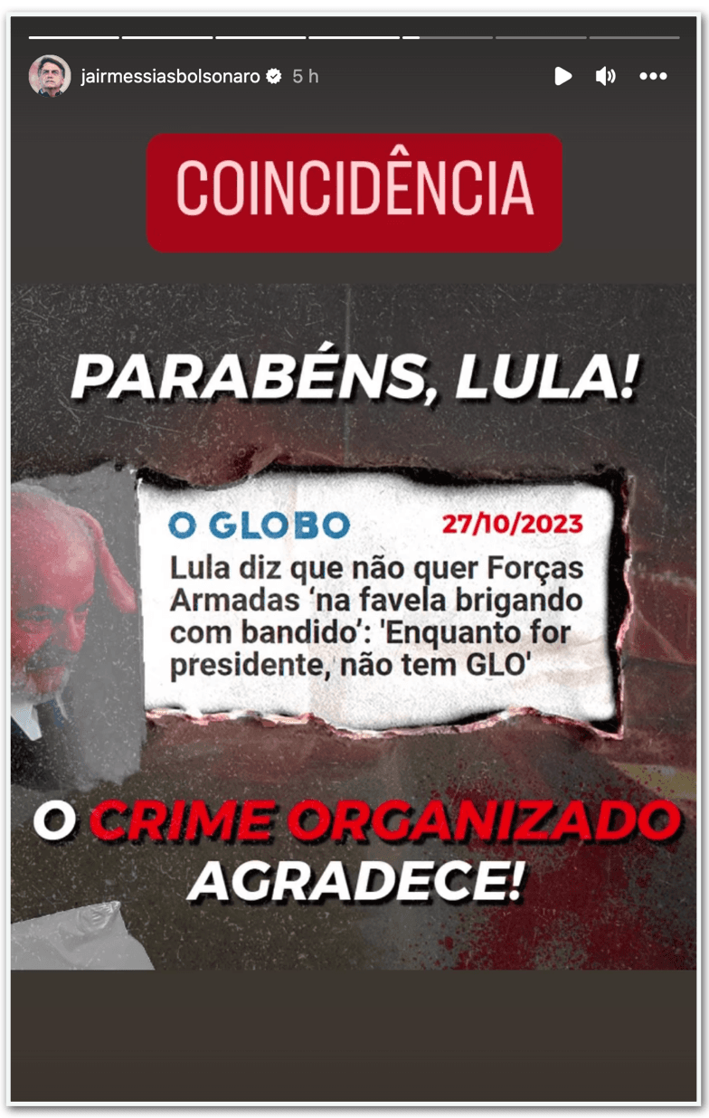 "O crime organizado agradece", diz Bolsonaro após Lula descartar intervenção no Rio