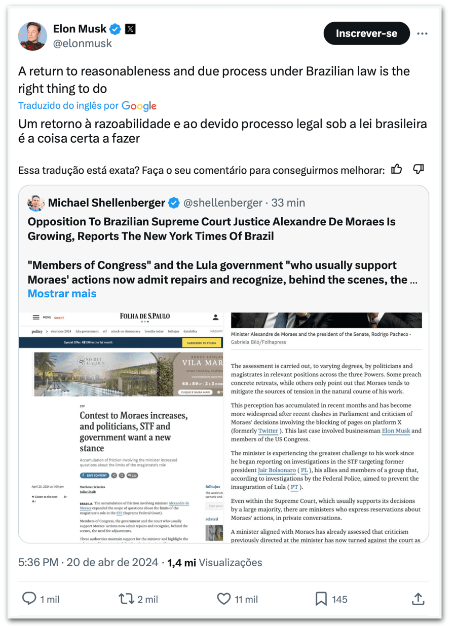 Elon Musk pede “retorno à razoabilidade” na Justiça brasileira