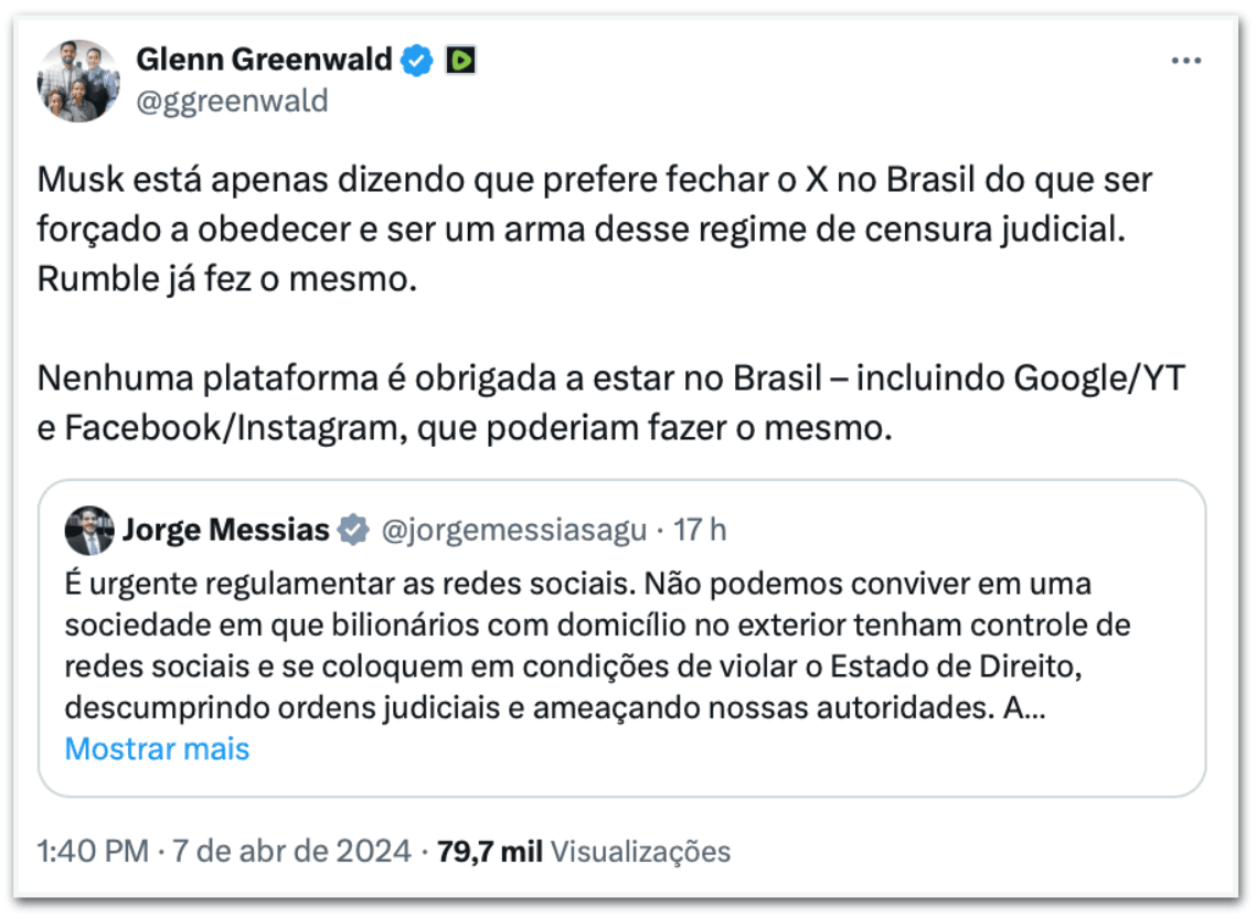 Glenn Greenwald diz que ‘X' e nenhuma plataforma é obrigada a “ser uma arma desse regime de censura judicial"