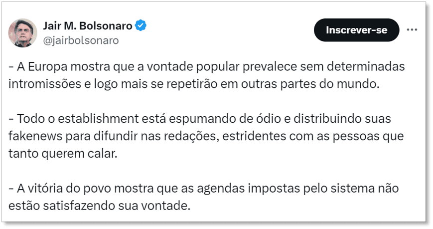 Bolsonaro comemora vitória da direita na Europa