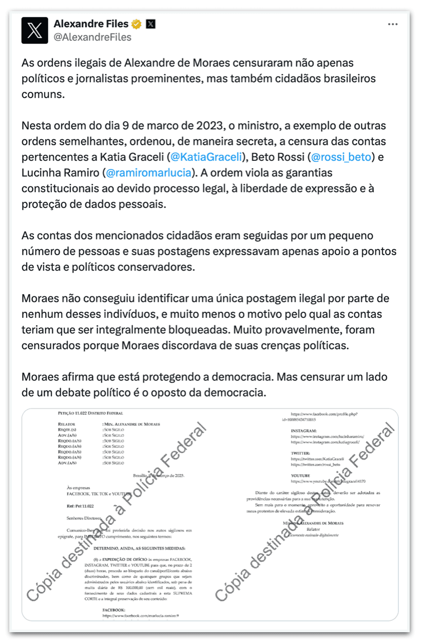 Moraes “censurou cidadãos brasileiros comuns”, diz X