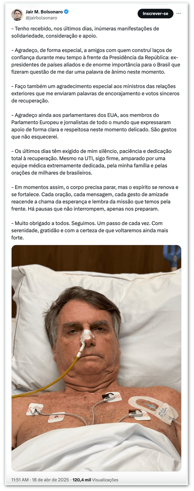 Bolsonaro agradece mensagens de apoio após uma semana internado