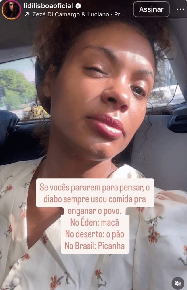 “O diabo sempre usou comida pra enganar o povo. No Éden: maçã. No deserto: o pão. No Brasil: Picanha”, diz atriz Lidi Lisboa