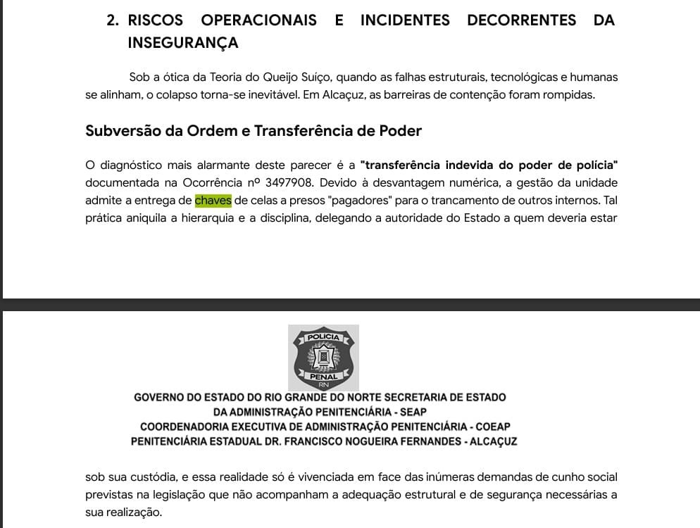 ALARMANTE: Presos viram “carcereiros” e recebem chaves de celas em Alcaçuz por falta de efetivo policial, aponta relatório da direção do presídio