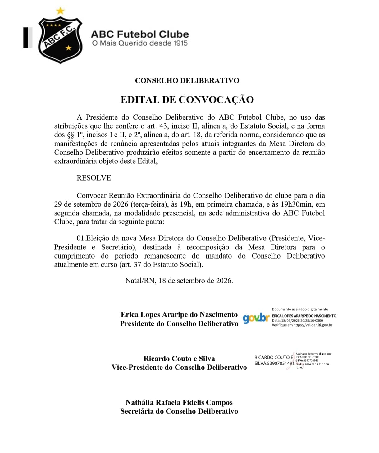 Presidente do Conselho Deliberativo ABC, vice e secretária renunciam e convocam novas eleições
