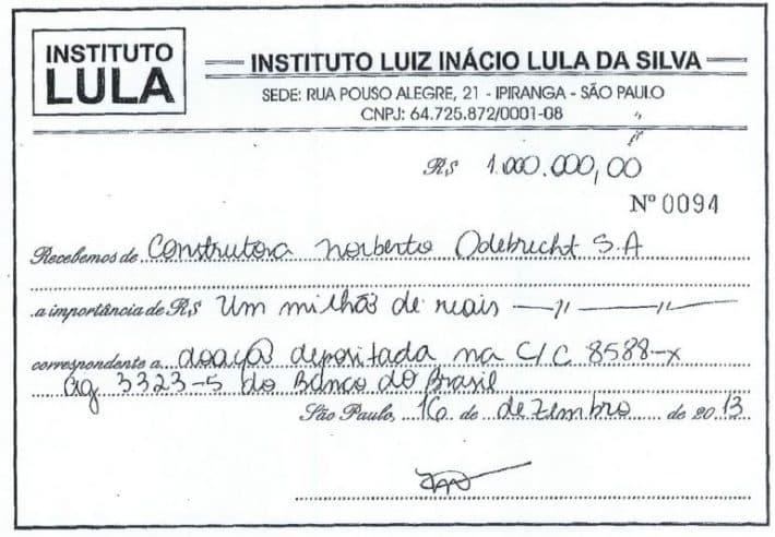 Odebrecht entrega recibos de doação de R$ 4 mi ao Instituto Lula