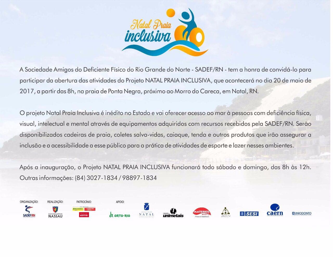 SADEF/RN convida para inauguração no dia 20 do projeto Natal Praia Inclusiva
