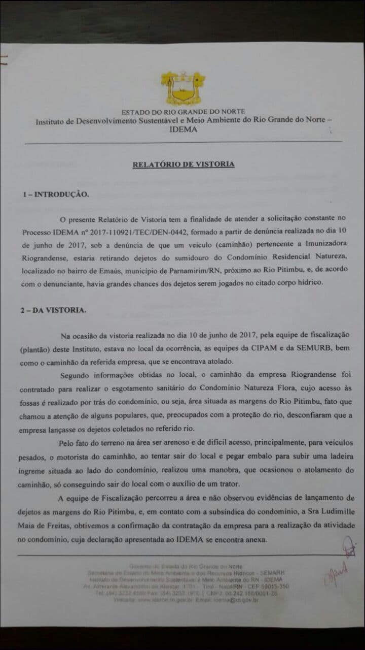 Limpadora Riograndense realizava serviço de esgotamento, e não cometeu crime ambiental às margens do Rio Pitimbu