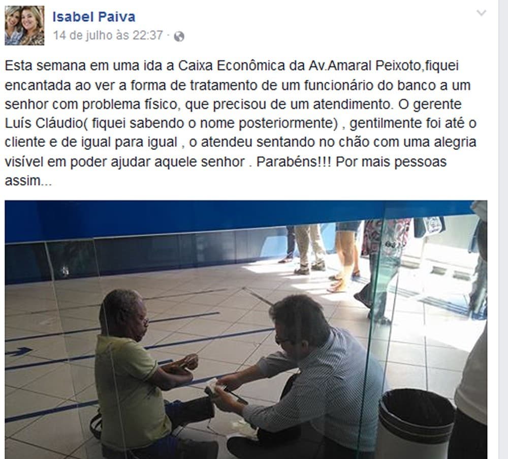 ‘Tratar o outro como se fosse você', diz gerente da Caixa no RJ que sentou no chão para atender cliente