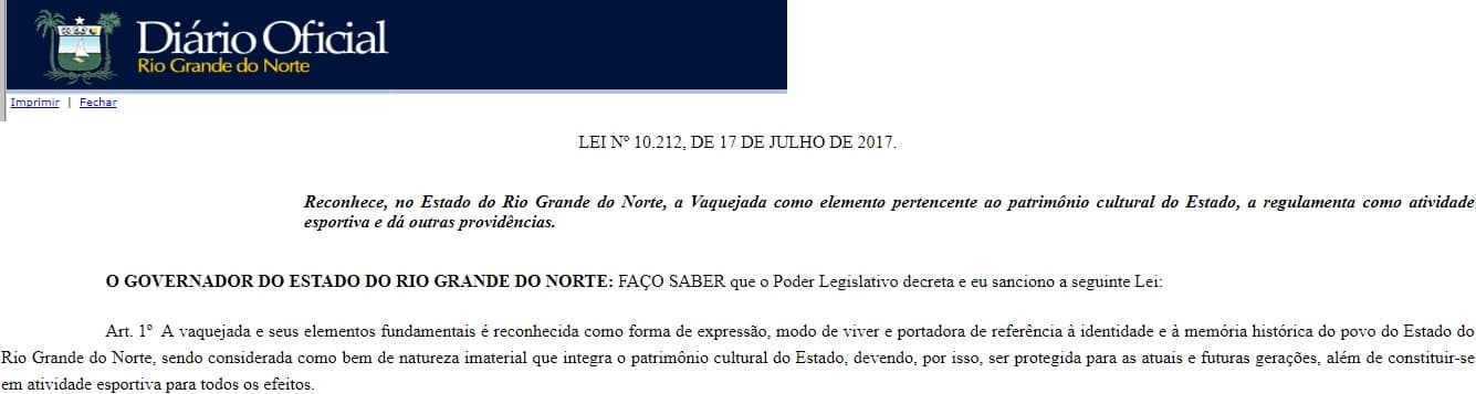 Publicada no Diário Oficial do Estado lei que reconhece vaquejada como patrimônio cultural e atividade esportiva