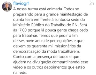 GUARARAPES: Em rede social, Flávio Rocha pede para procuradora parar perseguição, e convoca manifestação para quinta em frente ao MPT/RN