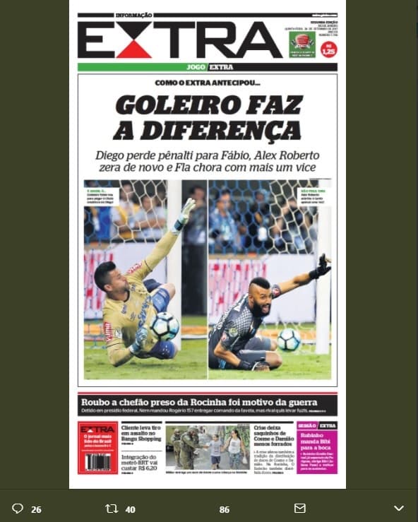 FOTO - (CAPA - EXTRA): Jornal volta a ironizar Muralha após mais um vice do Flamengo: "Goleiro faz a diferença"