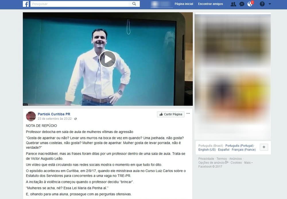 Professor de direito diz em sala que ‘mulher gosta de apanhar' e alega brincadeira