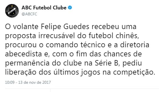 Volante Felipe Guedes recebe "proposta irrecusável" do futebol chinês, e deixa o ABC