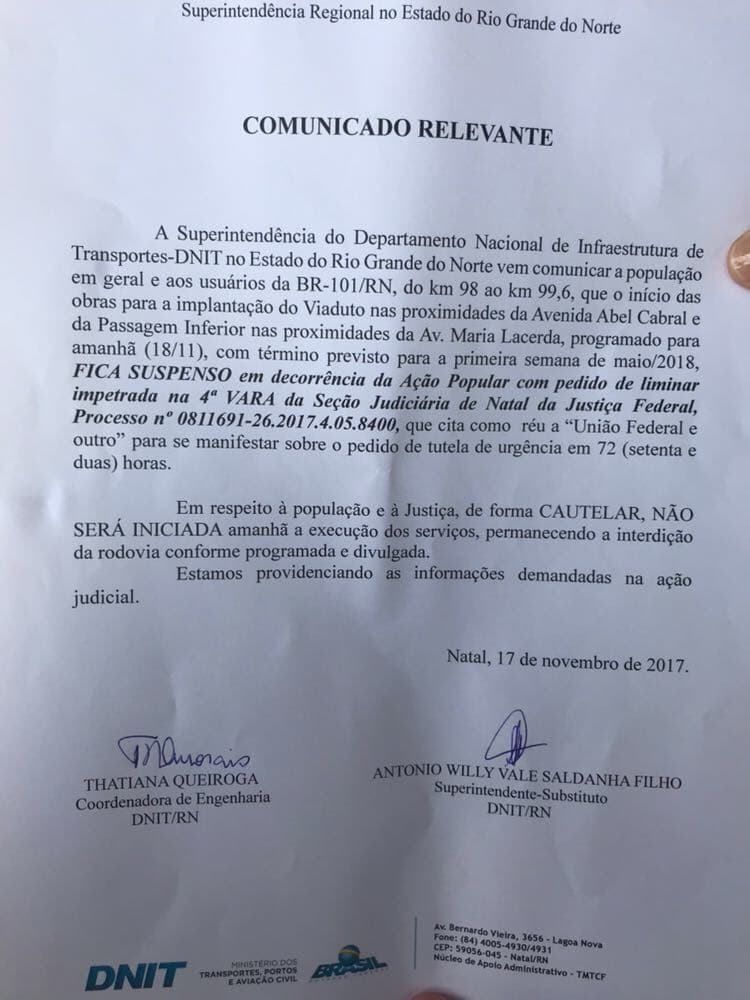 Obras para implantação do viaduto na BR-101, nas proximidades da Av. Abel Cabral, são suspensas