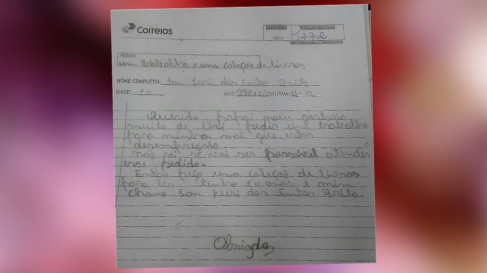 TOCANTE - CARTA(FOTO): Menino de 10 anos pede emprego para mãe ao Papai Noel dos Correios, na Paraíba
