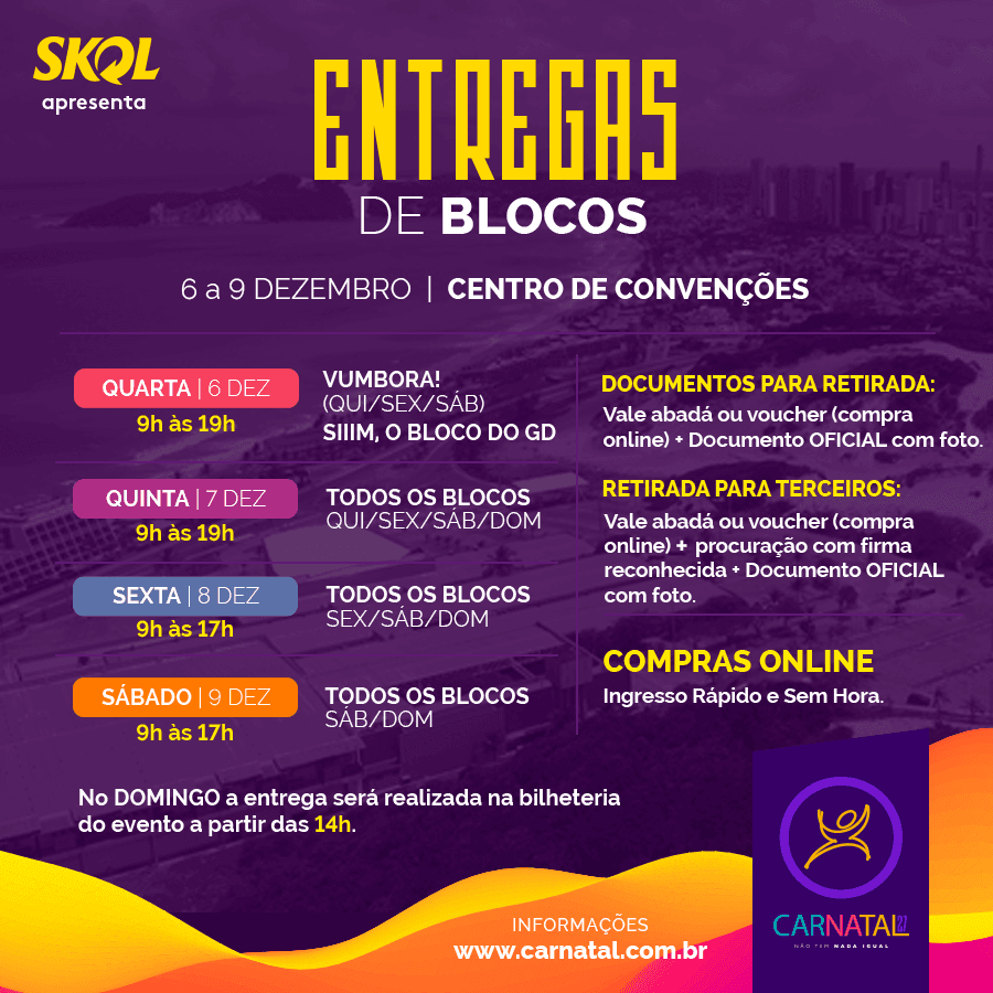 CARNATAL 2017: confira dias e horários de entrega de abadás dos blocos, camarotes e arquibancadas