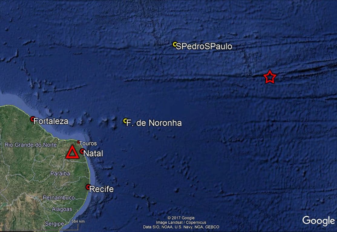Forte tremor na dorsal meso-oceânica no fim de novembro, a 1.409 km a ENE de Natal, não teve possibilidade de geração de tsunami