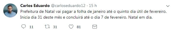 Prefeitura de Natal informa que inicia pagamento da folha de janeiro no dia 31 e encerrará até o dia 07 de fevereiro